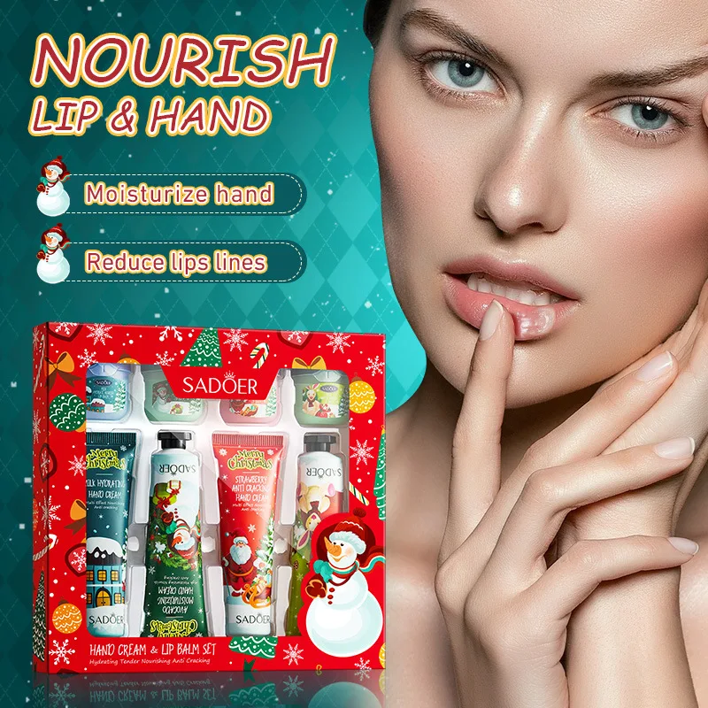 

8Pcs Set Christmas Hand Cream Lip balm Cracked Repair Removal Dead Skin Moisturizing Whitening Nourish Skin Care Women Gift