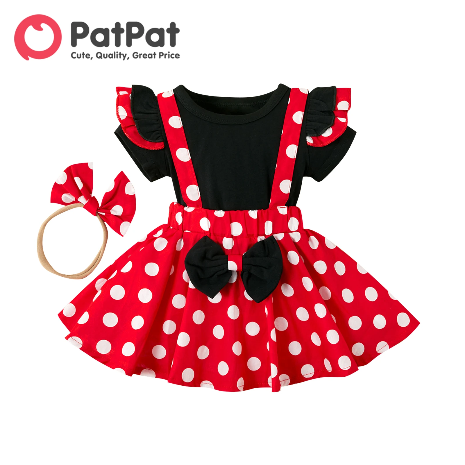 

PatPat 3pcs Baby Girl 95% Cotton Ruffle Short-sleeve Top and Polka Dots Bowknot Suspender Skirt with Headband Set