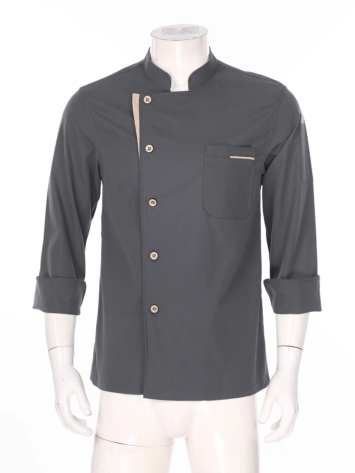 Cappotto da cuoco a maniche lunghe da donna da uomo, colletto alla coreana, giacca con bottoni, ristorante, cucina dell'hotel, uniforme da cucina, abbigliamento da lavoro