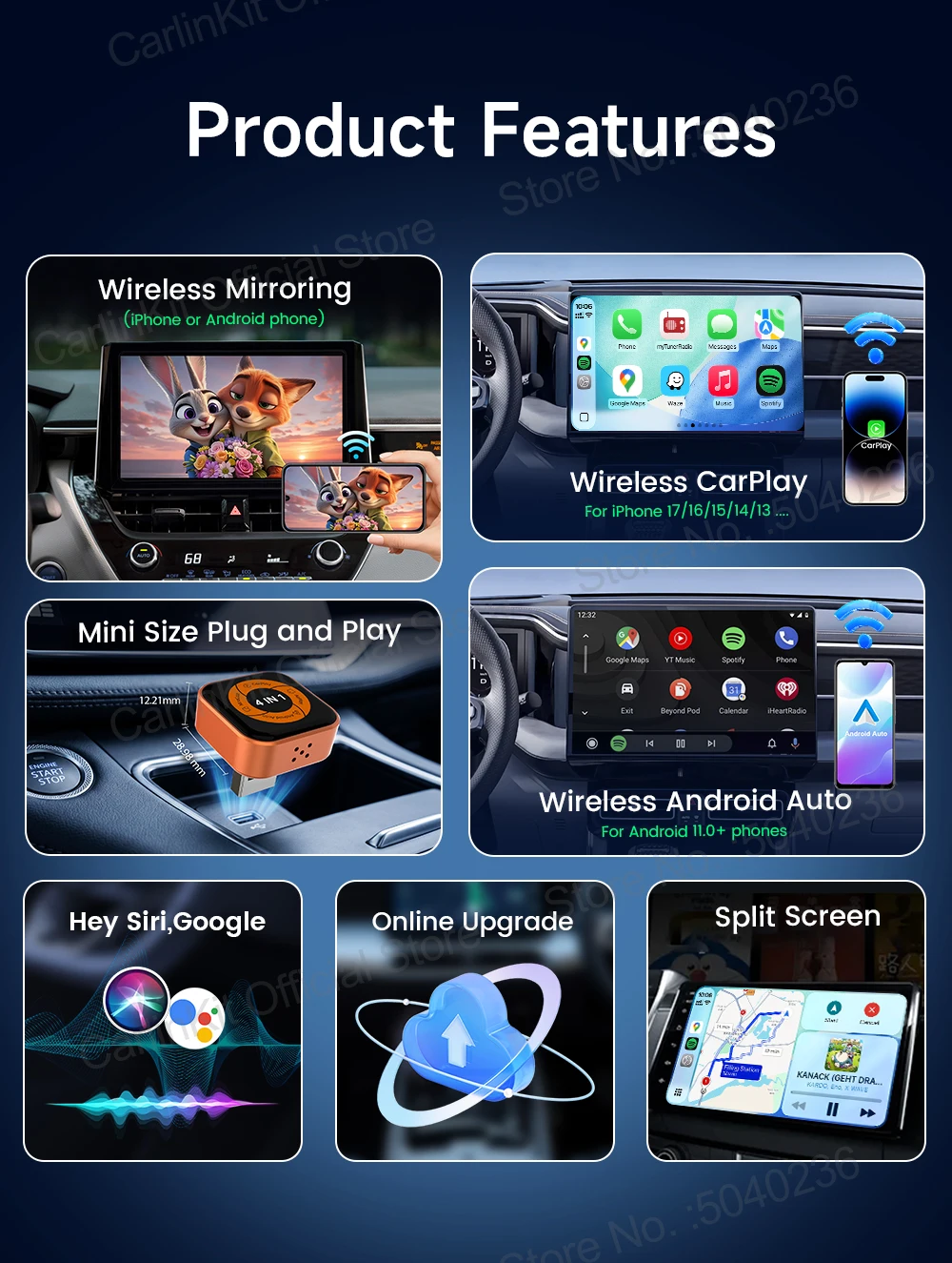Mini Ultra 6 4-in-1 Wireless-Adapter, kabelloses Bildschirm-Spiegelungsgerät, Android Auto CarPlay-Adapter für kabelgebundene CarPlay-Fahrzeuge, einfache Verbindung. – Detail 2