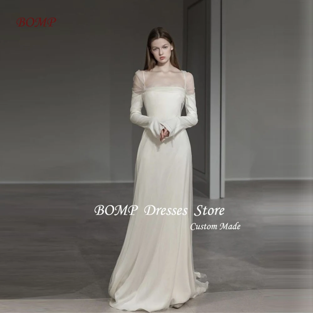 

BOMP Simple A Line Formal Wedding Dresses Long Sleeves Off Shoulder Floor Length Bride Gowns Photo shoot Korea Customzied