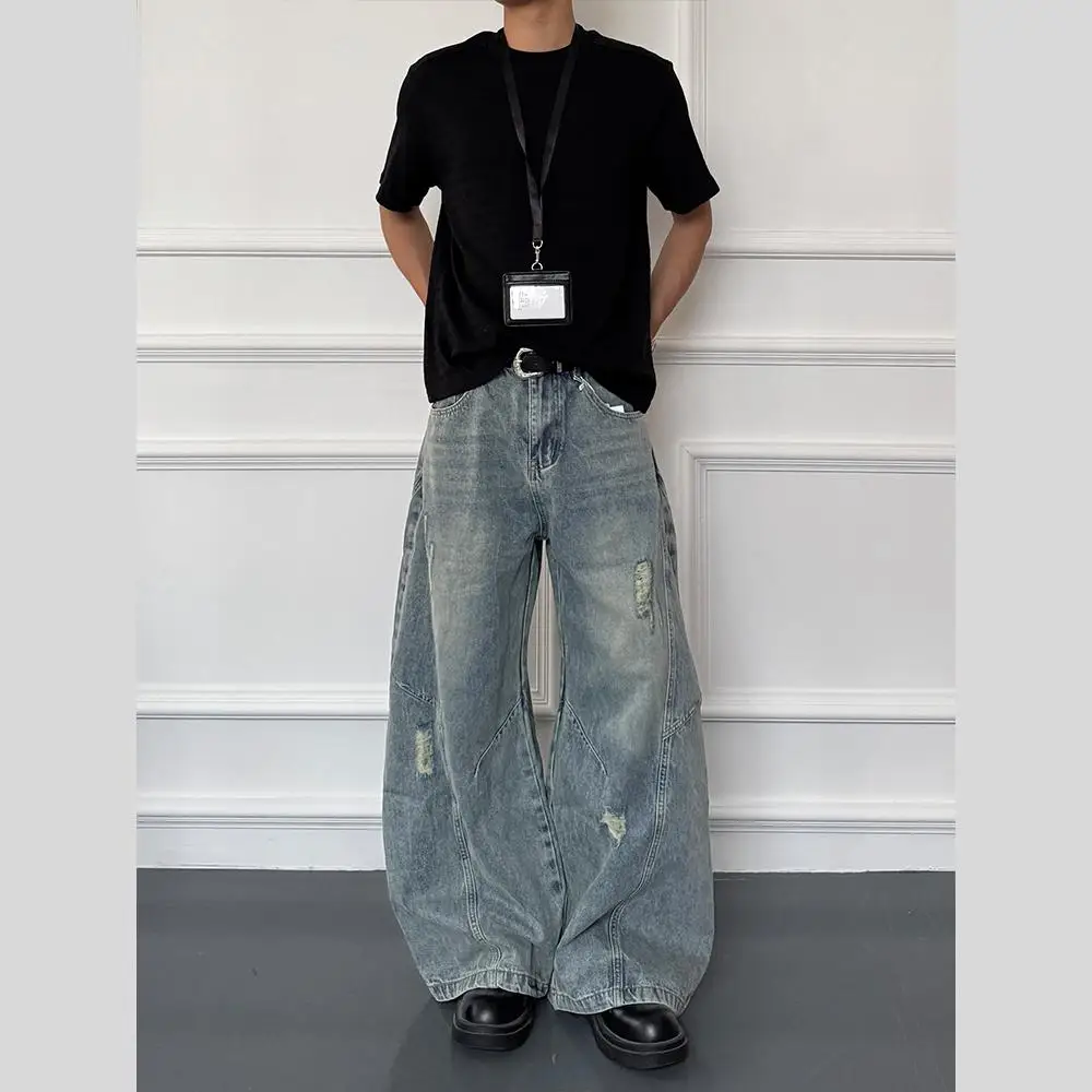 Calças Jeans Unissex de Perna Larga Estilo Americano Retrô, Corte Solto, Com Rasgos, Sensação Premium, Modelo Curvo para Casa...