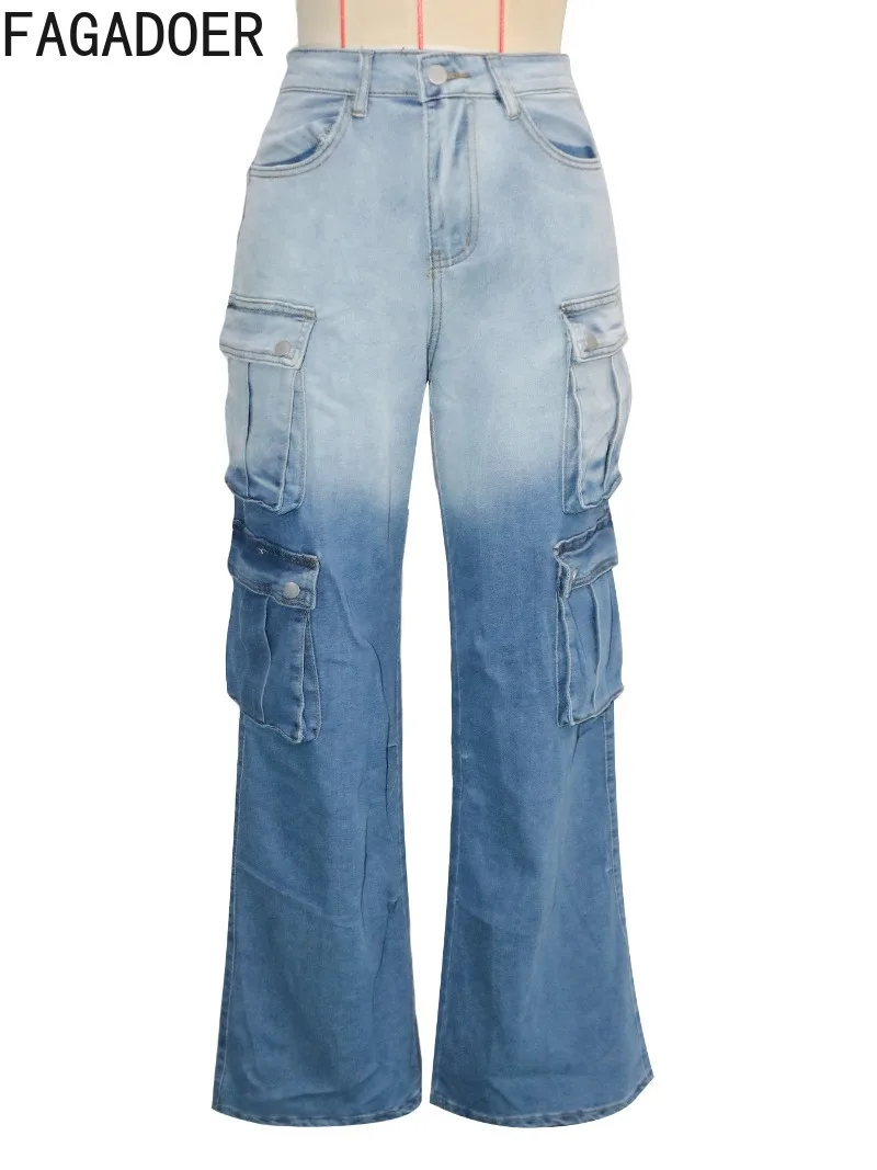 FAGADOER Fashion Gradient Denim Wide Leg Pants Women Summer New Cargo Pocket Patchwork Pants Female Streetwear Bottoms 2025