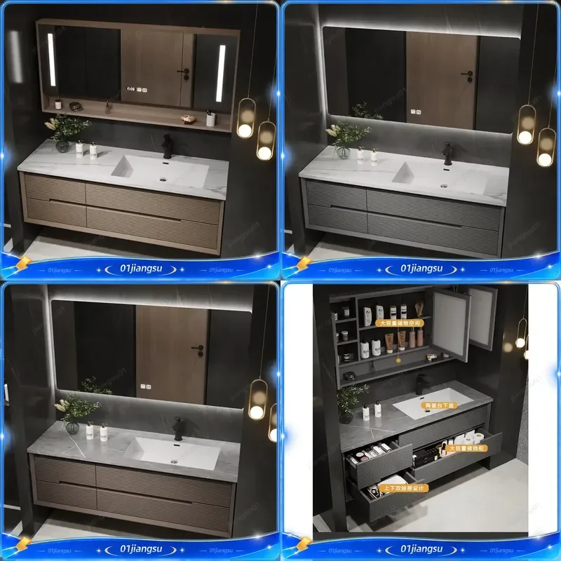 Modern Intelligent Bathroom Vanity Set Seamless Stone Slab Ceramic Basin Sleek Furniture Cabinet Washbasin Sink Combo Home