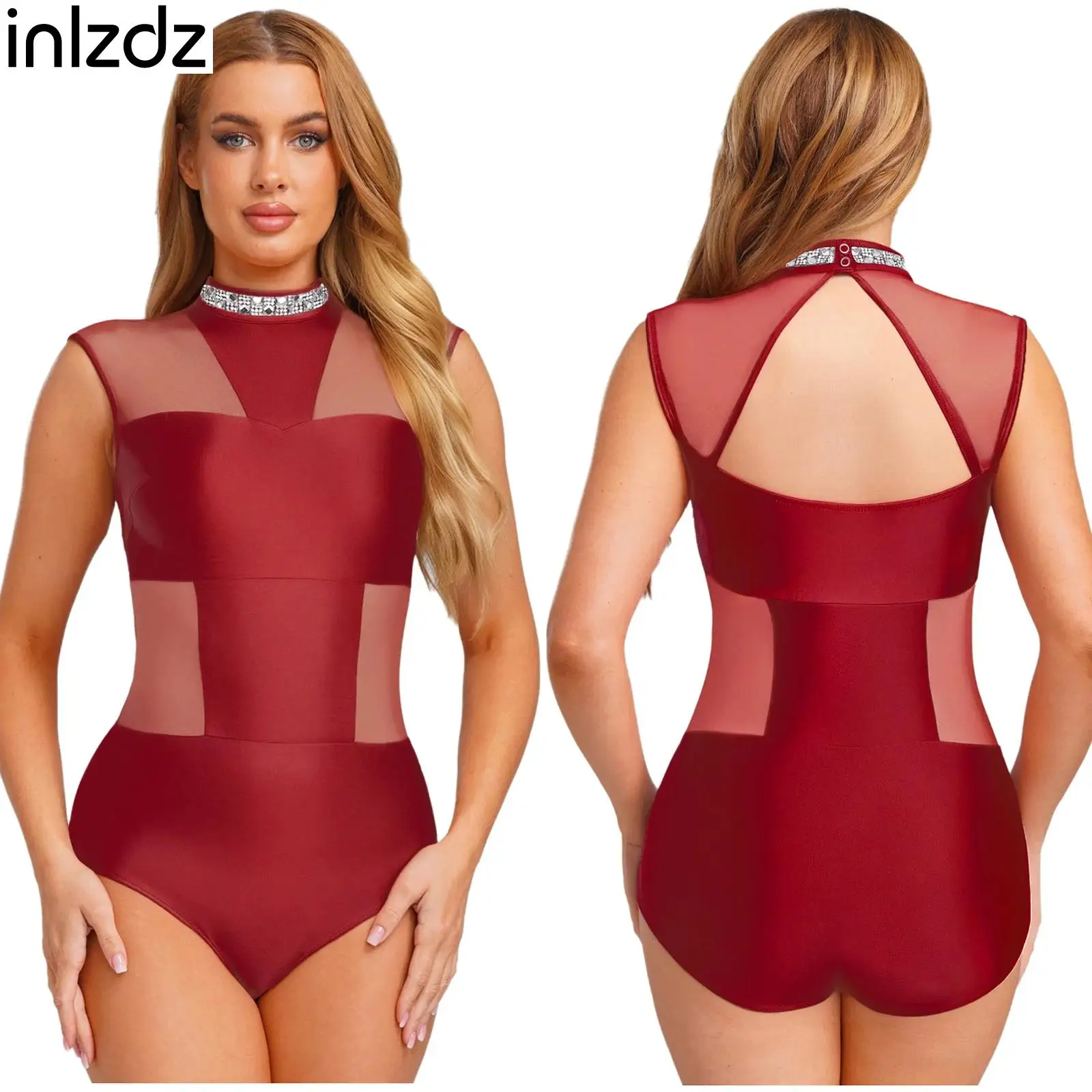 

Womens Lyrical Latin Ballet Dance Costumes Mesh Patchwork Leotards with Rhinestone Sleeveless Backless Openable Crotch Bodysuits
