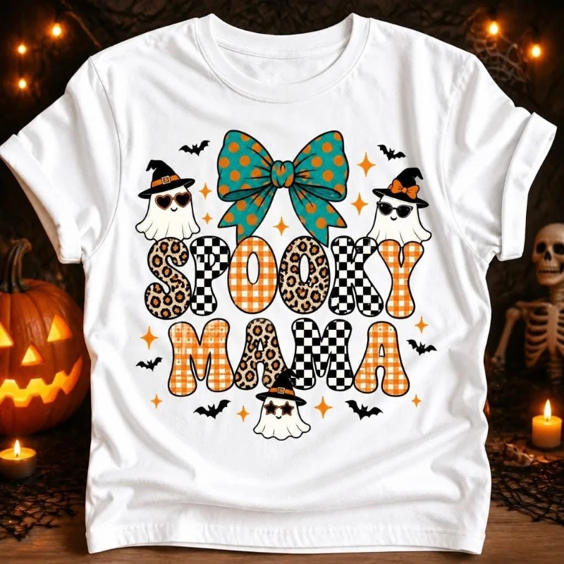 Polyester T Shirt Boo Haw Letter Printed Tops Breathable Spandex Casual Tee Halloween Plaid Pattern Holiday Apparel
