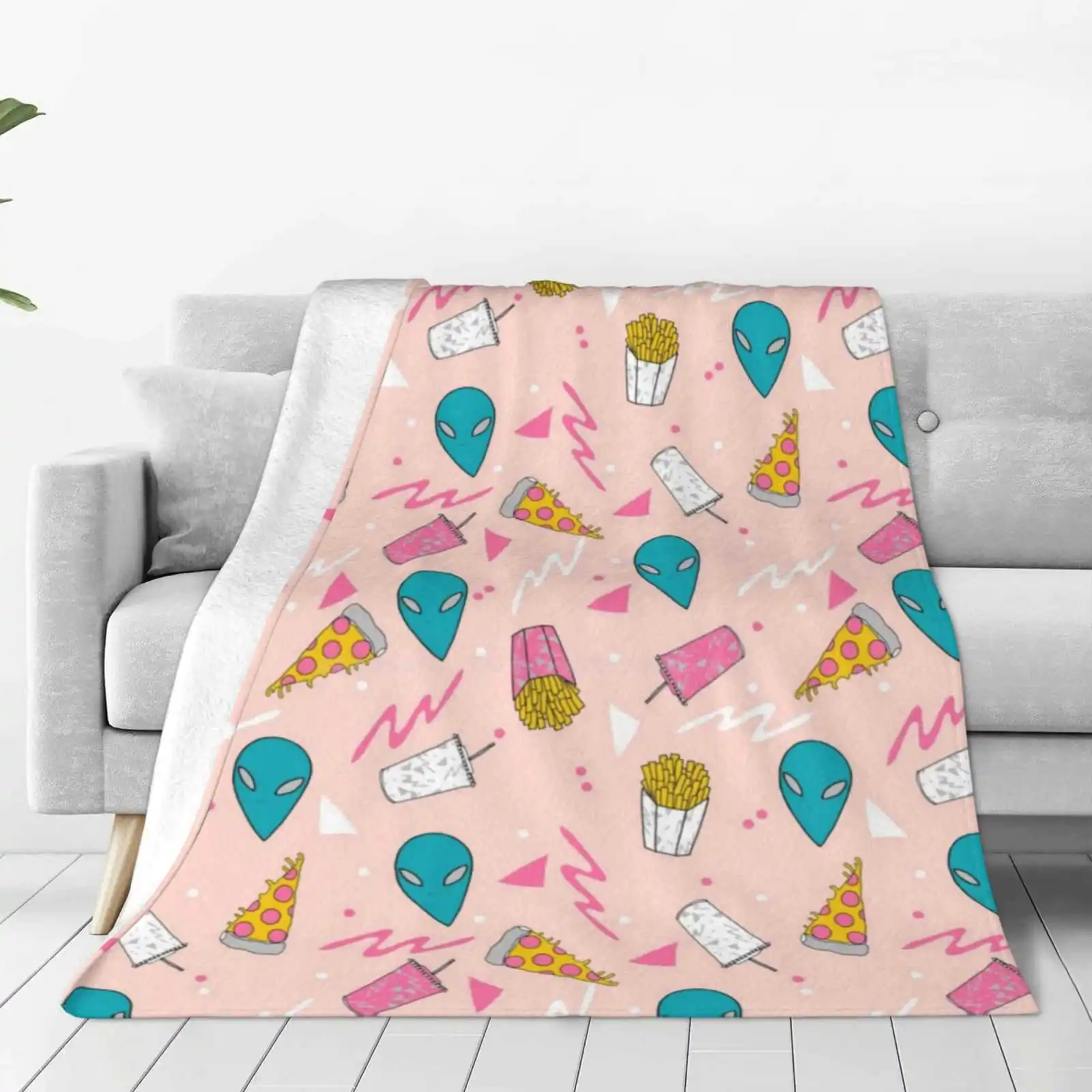 Alien Outer Space Cute Aliens French Fries Rad Sodas Pattern Print Blanket Soft Warm Travel Portable Blanket Alien Ufo Pizza