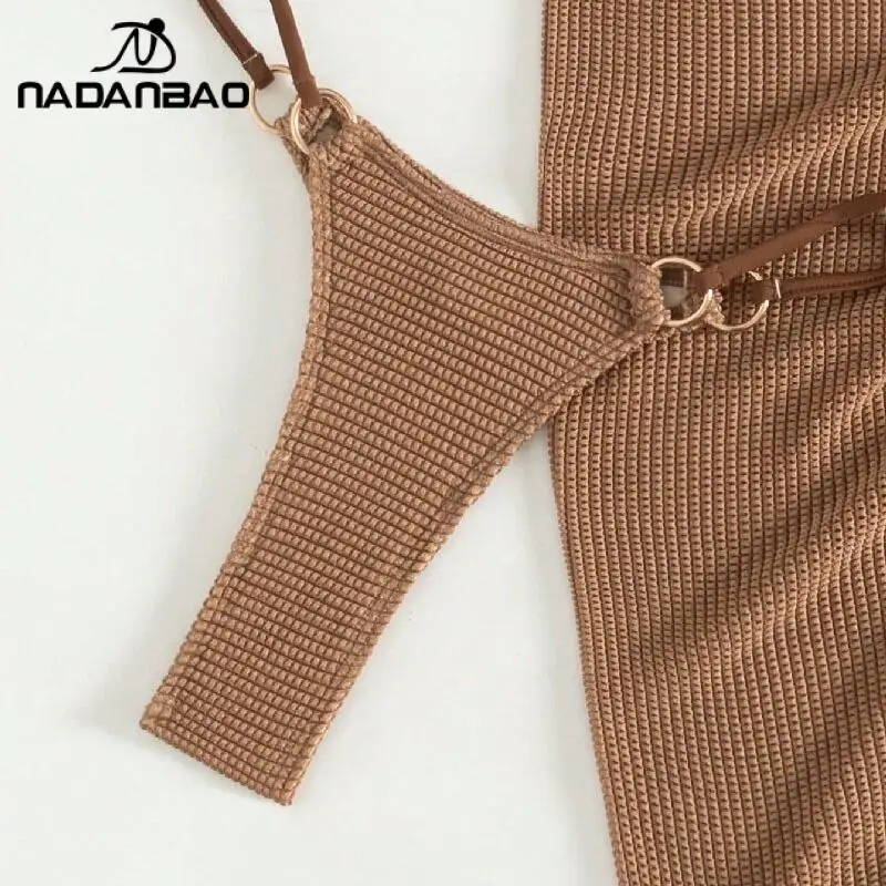 Nadanbao Set bikini marrone sexy moda bikini a triangolo halter 3 pezzi tinta unita scollo a V costume da bagno casual da spiaggia abbigliamento da donna
