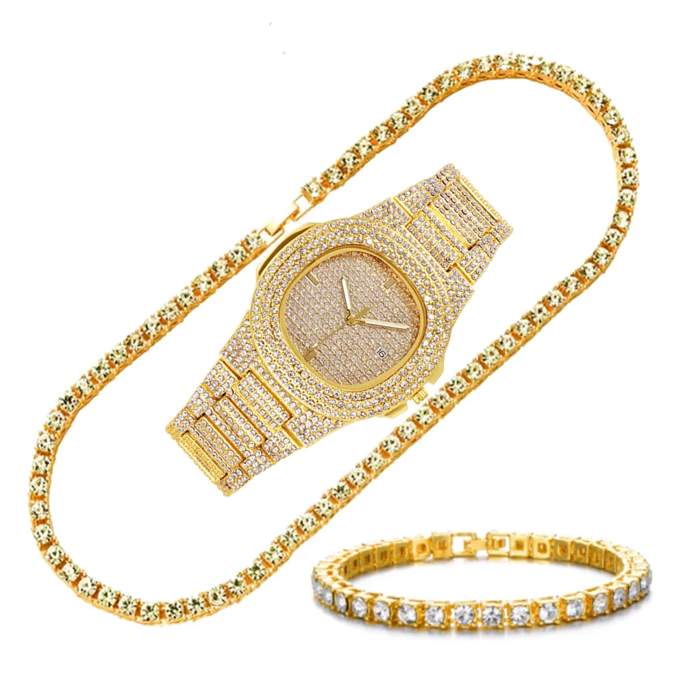 3PCS Luxury Iced Out Watch Men Women Tennis Chain Bracelet + Necklaces Bling Bling Jewelry Set Luxury men\'s Watch Women Calendar