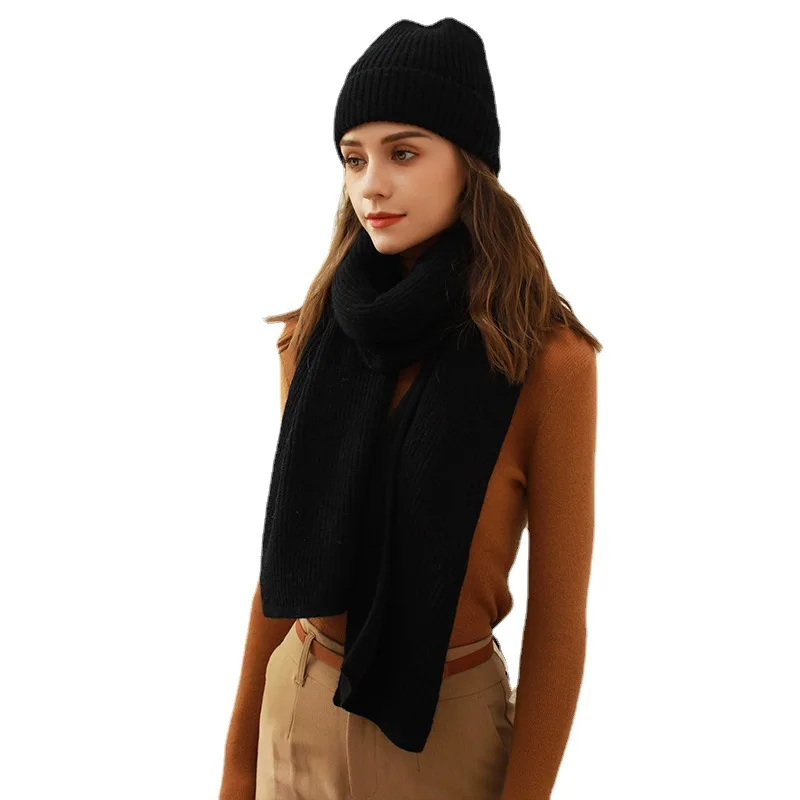 Pure Color Rib Knit Scarf & Hat Sets Female Imitation Cashmere Warm Long Muffler Winter Round Top Woolen Yarn Cap Scarves Women