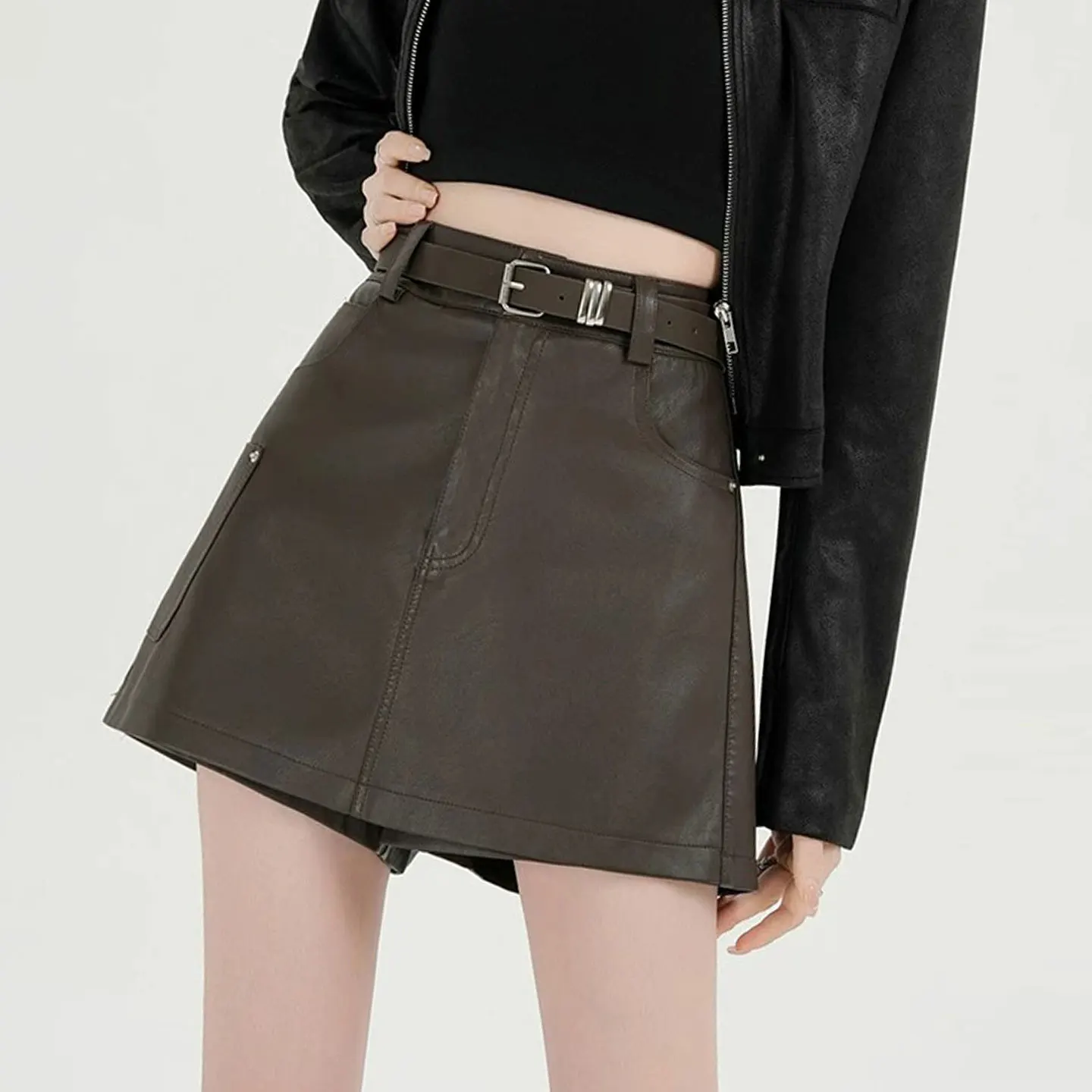 Café Brown PU Leather High Waist Short Skirt Women's Autumn Winter Commuter Workwear Versatile Slimming A-Line  Skirt