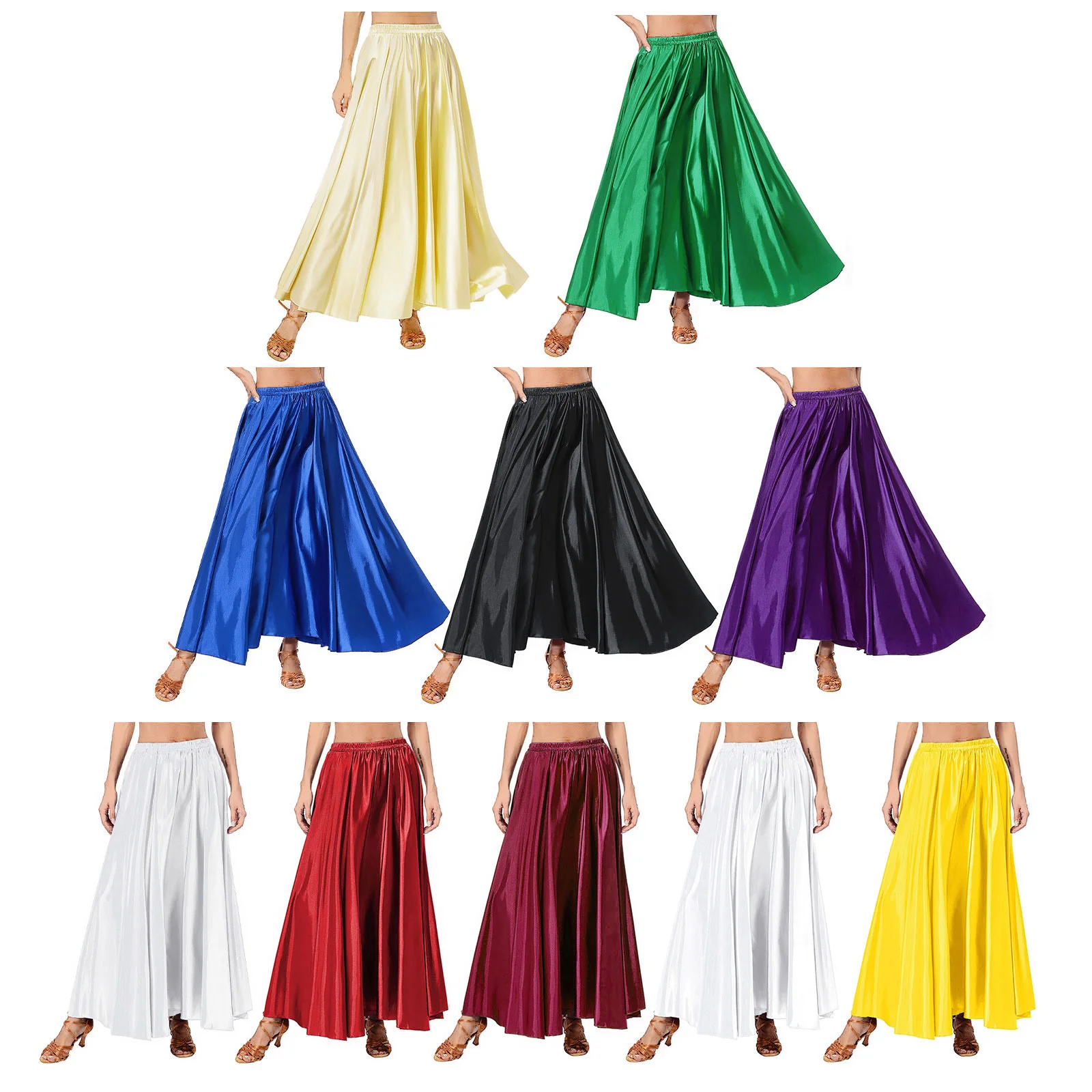 Womens Spaanse Flamenco Bull Dance Rok Satijnen Swing Rok Dans Oefenen Podium Performance Kostuum Ruffle Maxi Rok Dancewear