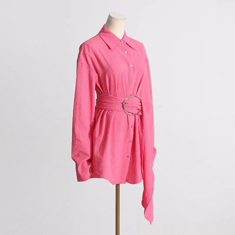 HKSH Spring Autumn New Women's Shirt Solid Color Belt Waist Cinching Versatile Elegant Trendy Blouse Fashion Casual Tops HK15526