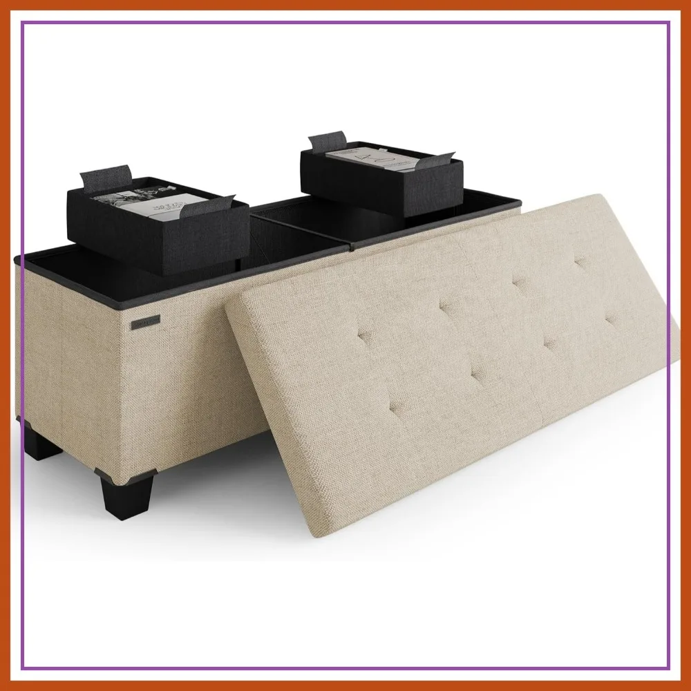 

43-In Storage Ottoman Bench with Bins, Folding Foot Rest for Living Room, Max 660lbs, Beige