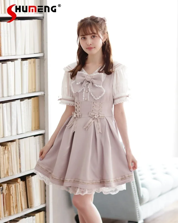 Japanese Liz Mine Series Mass-produced Pink Short Dress Women's Bow Rhinestone Navy Collar Sweet Cute Short-sleeved Dresses