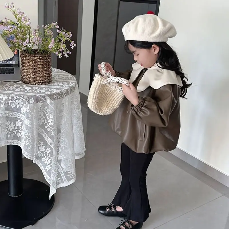 Spring and Autumn Girls' Leather Coat Fashion New Style Children's Collar Leather Jacket Top Windbreaker