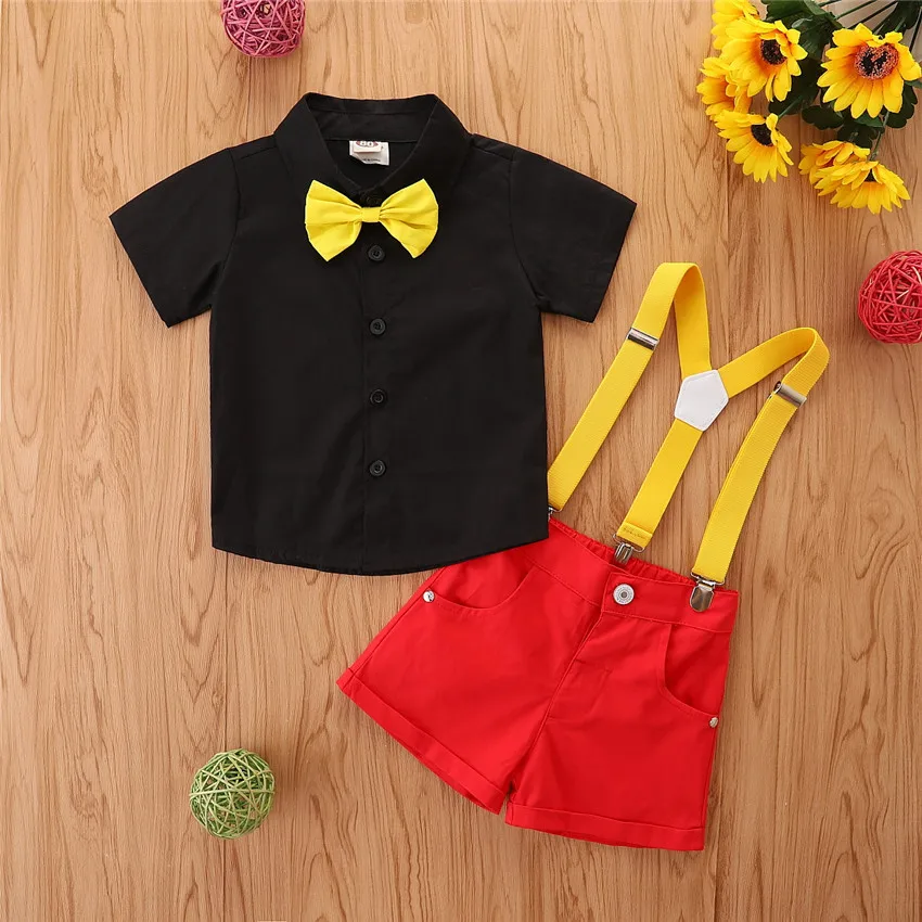 

Long or short sleeve of boy suits fashion children's contrast color gentleman suit black shirt+suspenders red pants 3-piece set