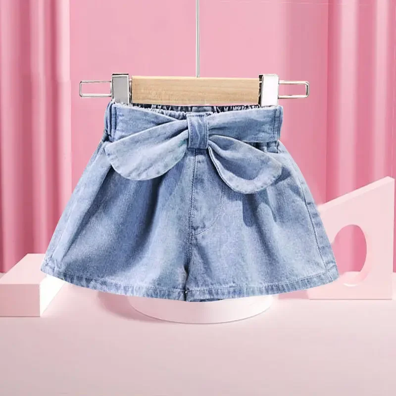 Girls Cute Bow Denim Shorts Summer Loose Short Pants For Girl 1-7 Years Elastic Waist Short Jeans Kid Girls Clothing