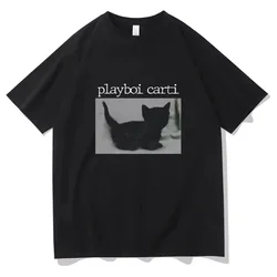 Playboi Carti-男性と女性のための半袖Tシャツ、かわいい猫のプリントが施されたラウンドネックレス、原宿、特大、ヒップホップスタイル、コットン、ラウンドネックレス