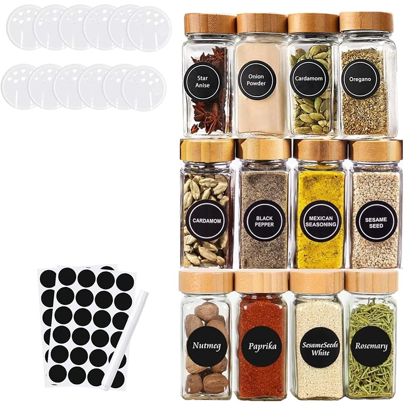 12Pcs Glass Spice Jars with Labels Kitchen Accessories 4oz Square Seasoning Containers Kitchen Salt Herbs Sugar Bottles JT510