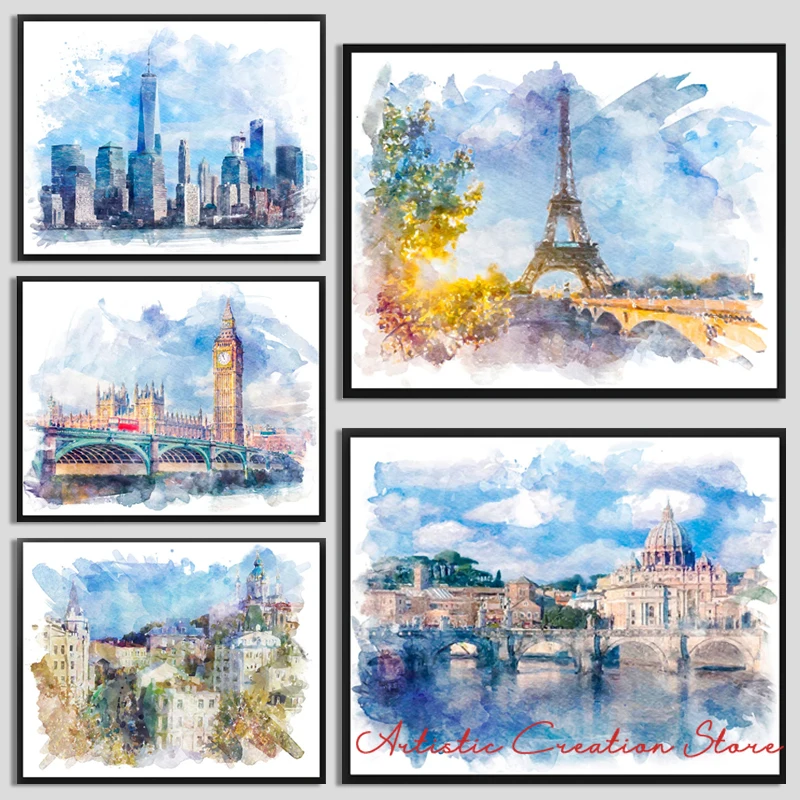 Watercolor Landscapes of The Capitals of The World Kyiv City Ukraine London New York City Paris Rome Canvas Painting Home Decor