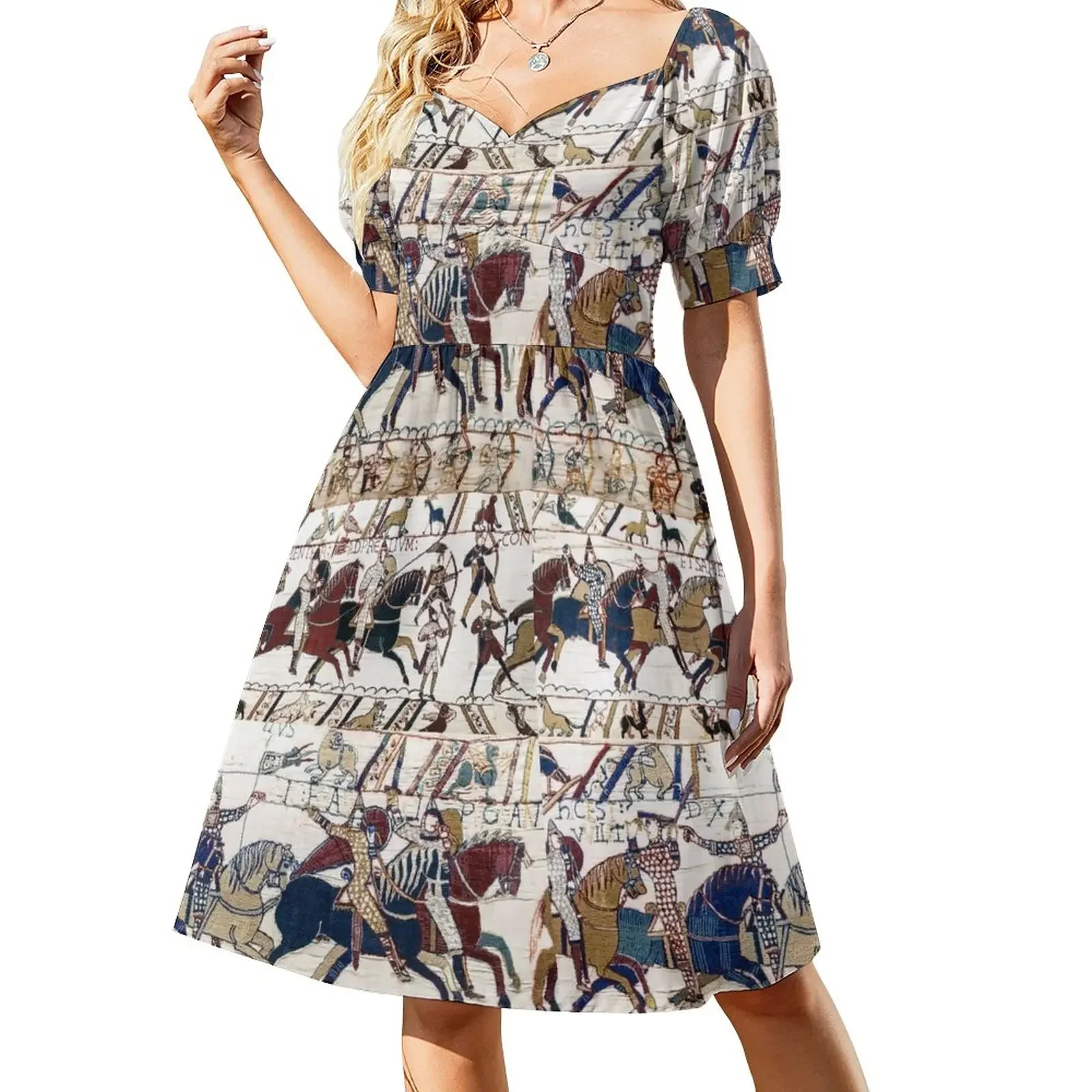 THE BAYEUX TAPESTRY NORMAN KNIGHTS AND ARCHERS Detail Short-Sleeved Dress festival outfit women Bride dresses