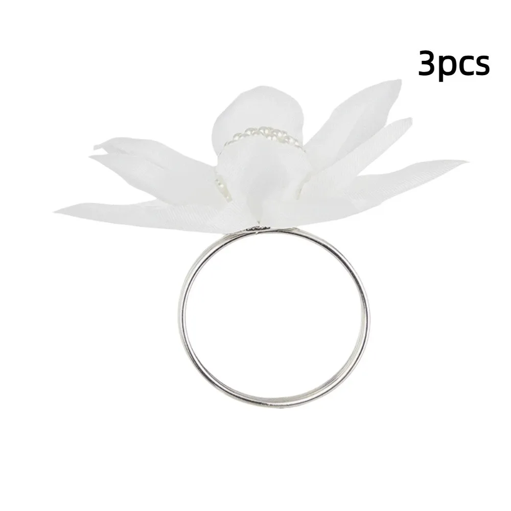 3pcs Exquisite White Napkin Rings Silk Flower Chiffon Napkin Holders Floral Beads Napkin Buckles For Wedding Banquet