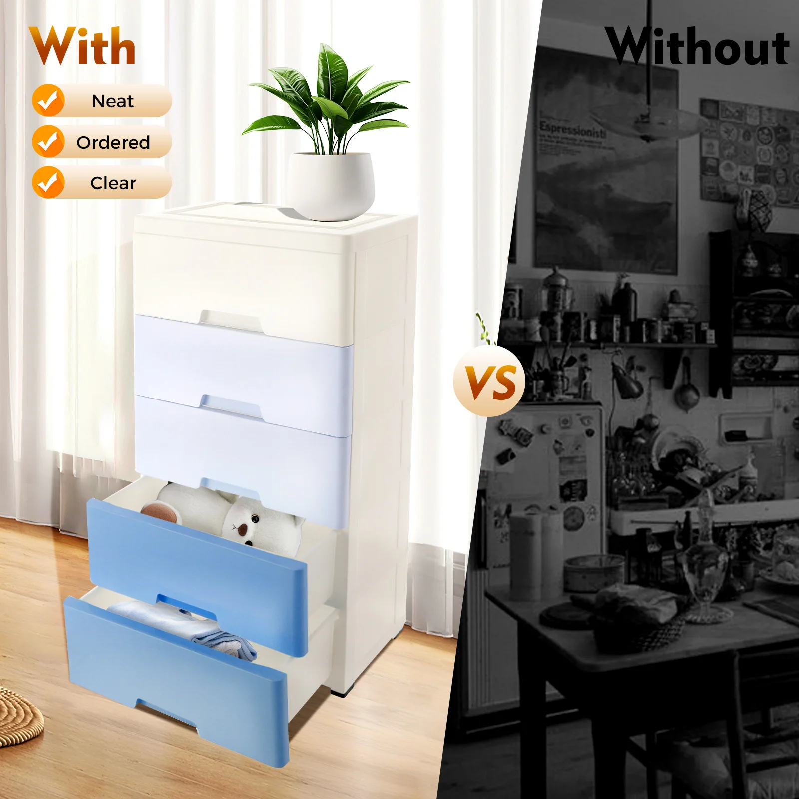 

Шкаф для хранения с 5 ящиками: экологически чистый полипропиленовый материал для организации различных предметов и уменьшения беспорядки в вашей комнате.