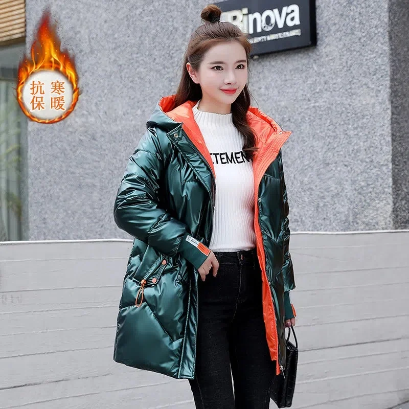 

2023 New Winter Jackets Women Parkas Glossy Loose Hooded Thicken Warm Cotton Padded Jacket Long Coat Female Outwear