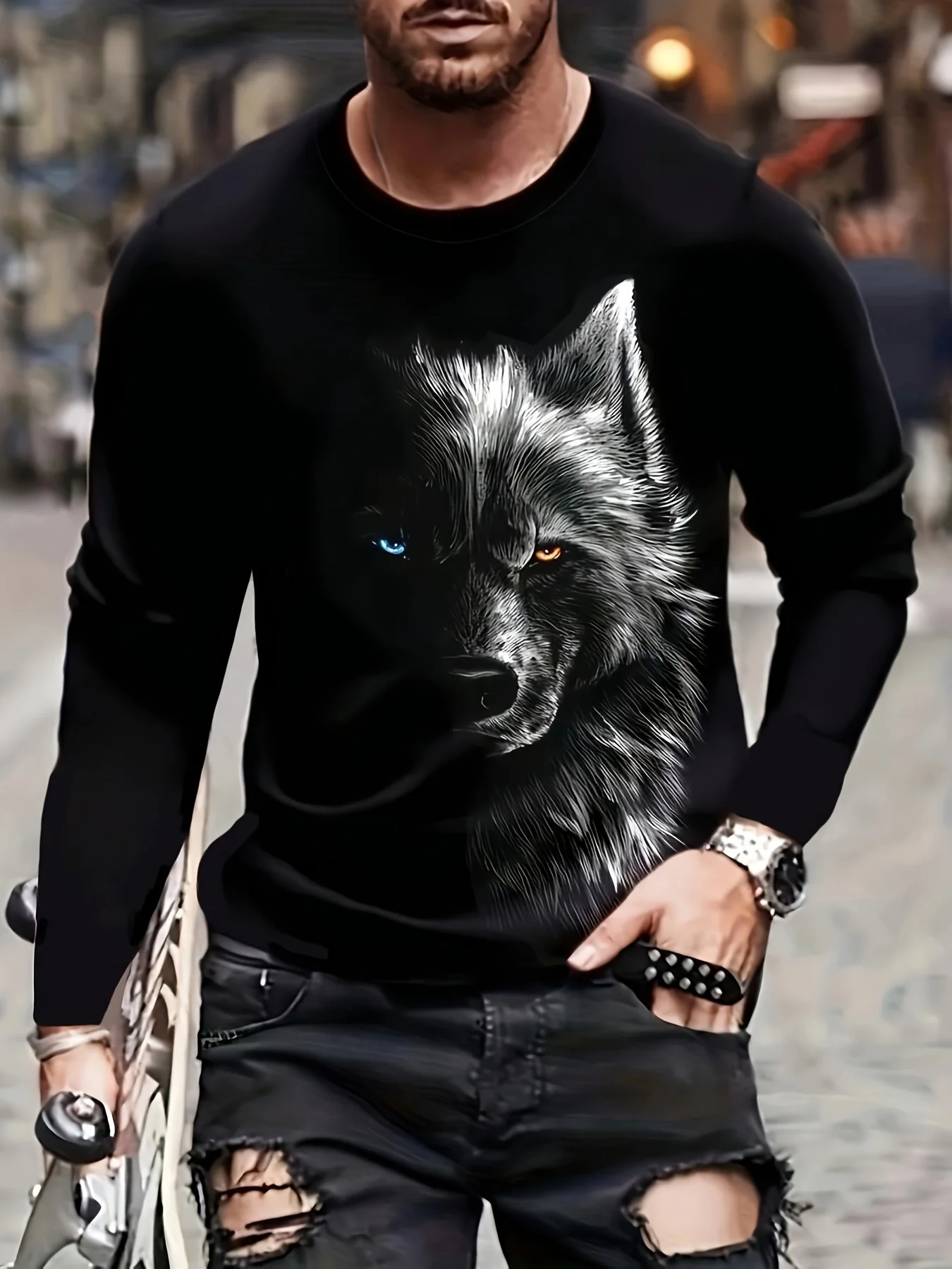 تي شيرت Fierce Wolf Print بسيط ومتوافق مع رقبة دائرية وأكمام طويلة، مريح ومسامي للسفر اليومي