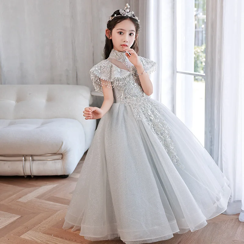 Luxurious Sequins Embroidery Girls Dress for Party Wedding Formal Children Princess Pageant Gown Beading Kids Dresses clothing