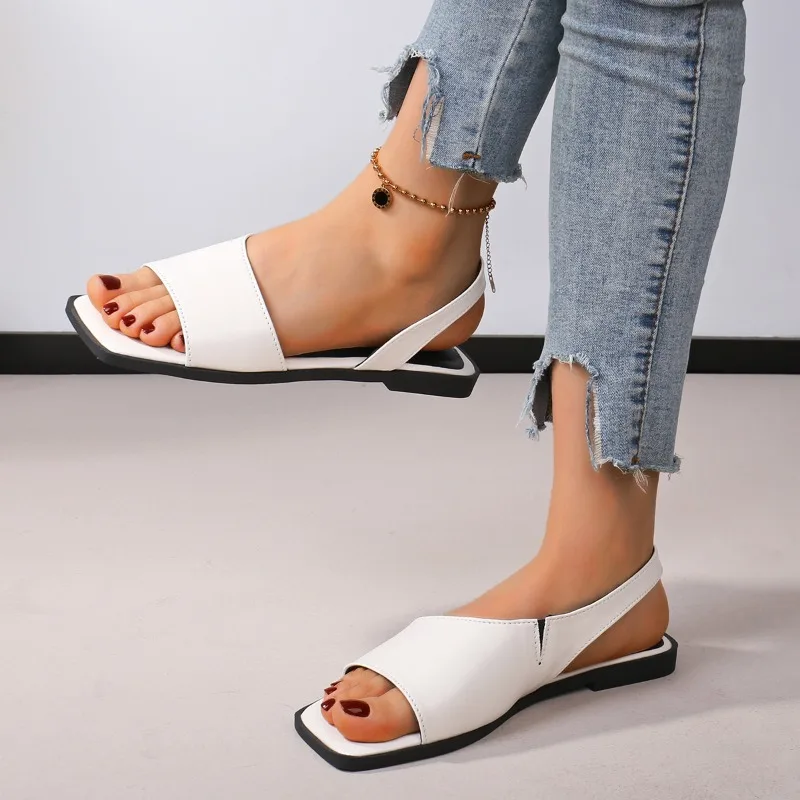 Sandal Wanita Ujung Persegi Perak Sandal Wanita Kulit Pu Ringkas Sepatu Kasual Fashion Musim Panas Baru Sandalias Datar Slip On Wanita