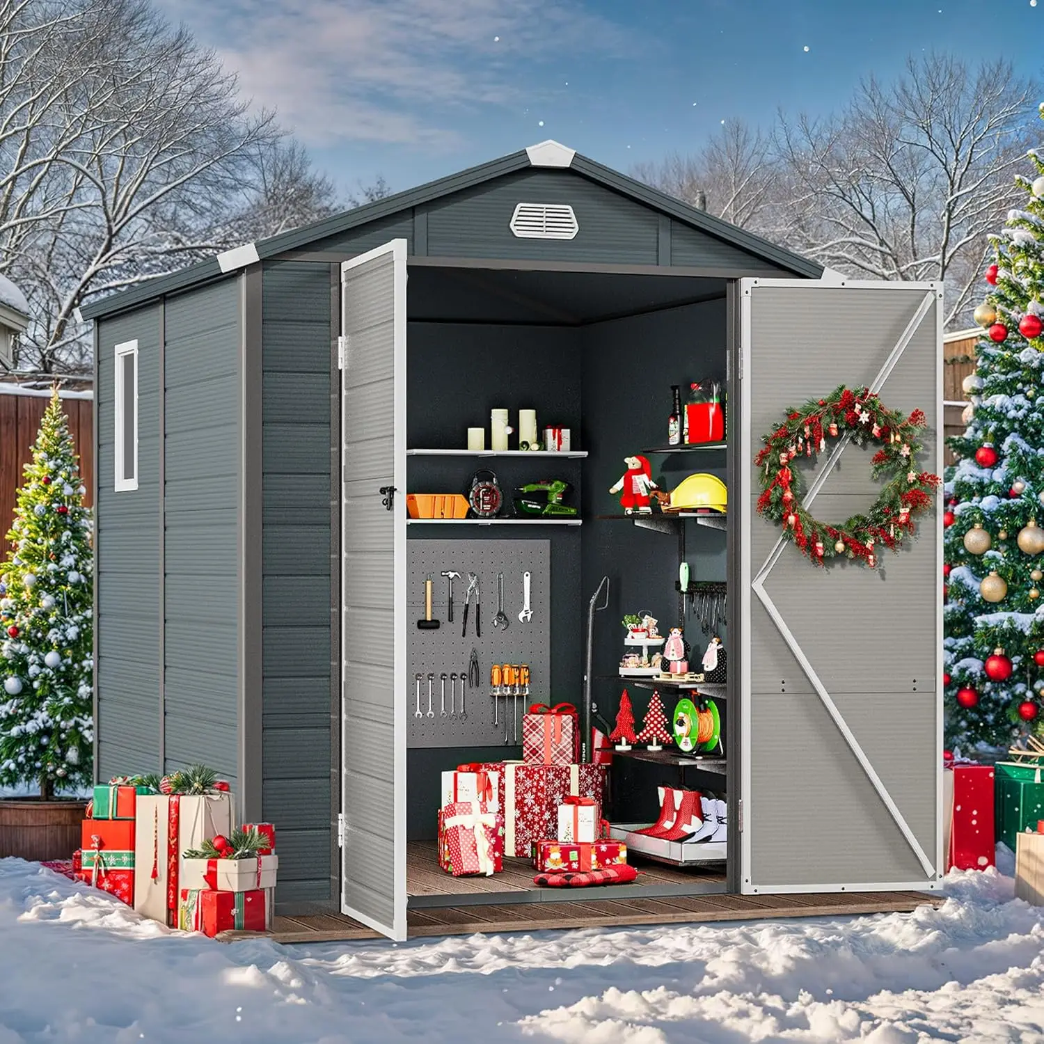 6.3x6.2FT Resin Storage Unit sans Flooring All-Weather Plastic Shed with Window Vents and Secured Doors Outdoor Plastic