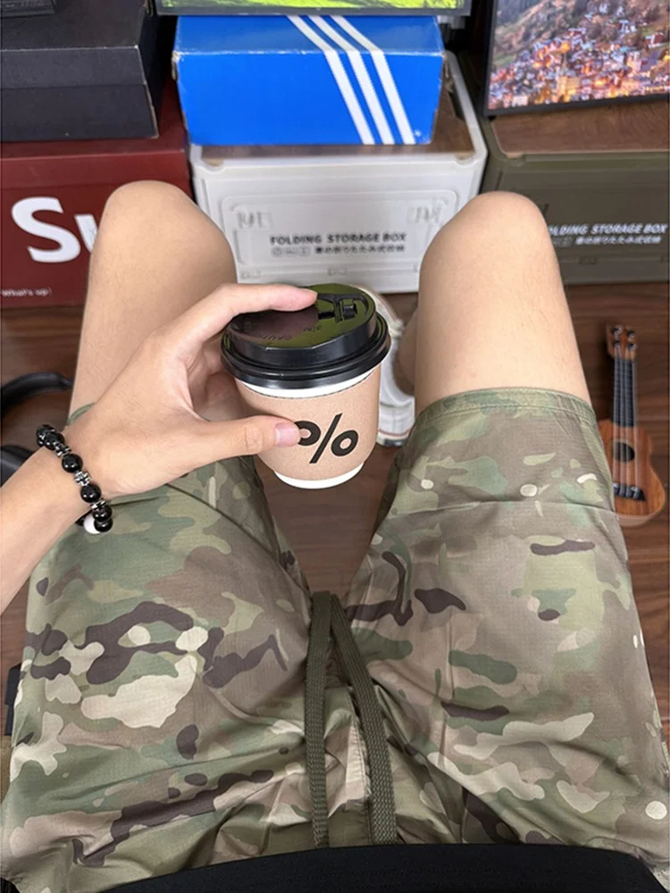 American Retro Camouflage Lightweight Quick Dry Sports Shorts Men Summer Basketball Running Ice Silk Cooling 4 Quarter Pants