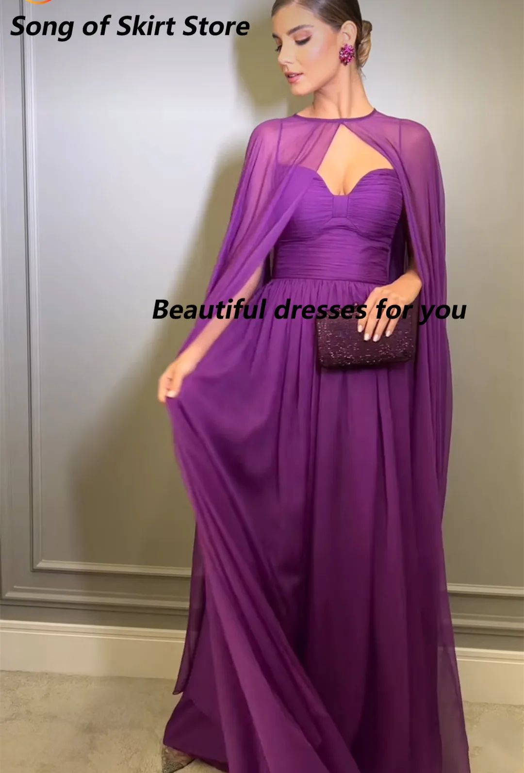 Customized Elegant Long Purple Party Evening Dresses with Cape A-Line Pleated Floor Length Formal Prom Dress for Women image 2