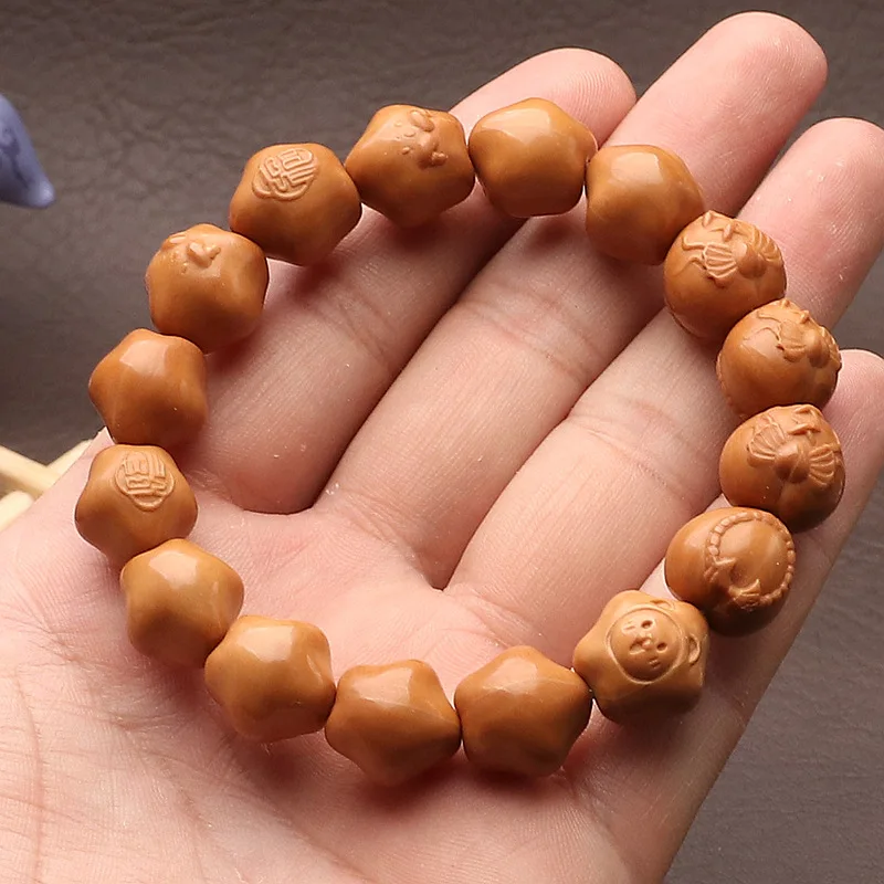 Carved Walnut Single Loop Bracelet Cute Star Heart Prayer Beads Wristlet for Men and Women Gifts