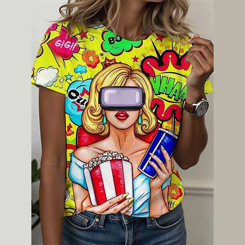 Facial Pop Art T-shirts Ethnic Geometry Facial Pop Art 3D Print Women Streetwear O-Neck T Shirt Harajuku Y2k Top Oversized Tees