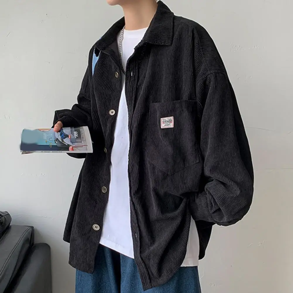Spring Shirt Single-breasted Placket Casual Warm Corduroy Patch Pocket Men Tops Men Tops for Work