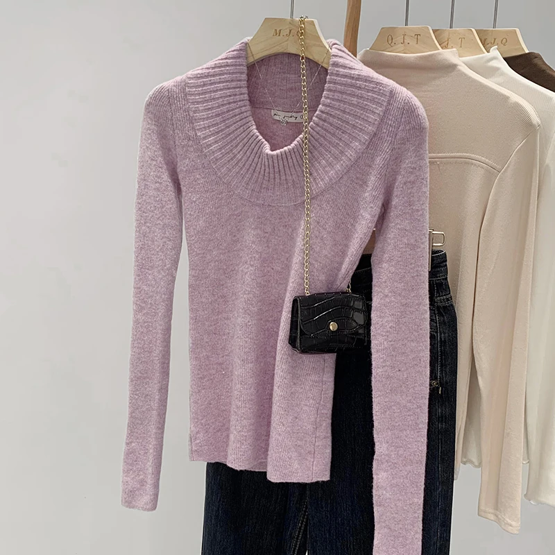 

Autumn Winter U Collar Purple Sweater Women Long Sleeve Solid Color Knitted Tops Pullovers Jumpers