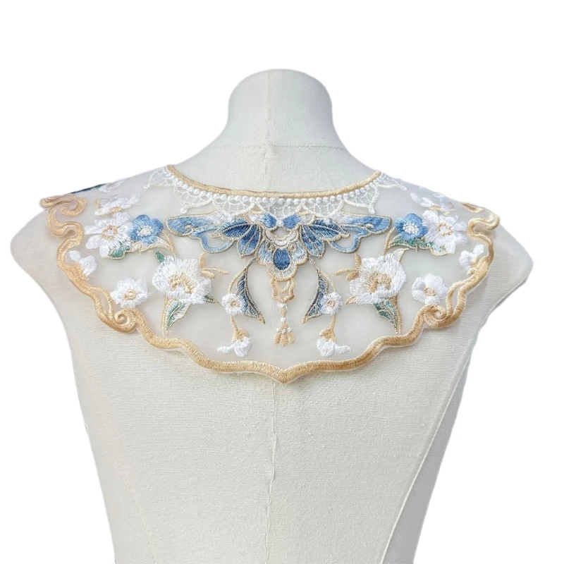 Detachable False Collar for Dresses Pearl Tassels Shawl Scarf Chinese Style Embroidery Flower Organza Necklace Capelet