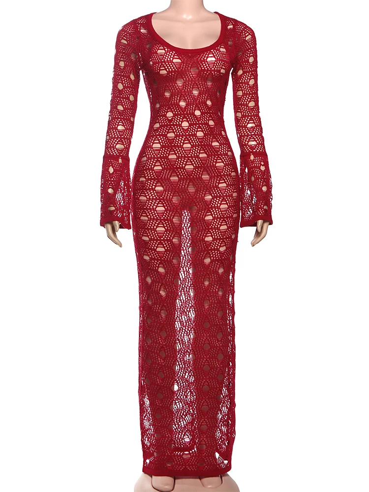 Kliou sexy doorzichtige lange jurken vrouw gehaakte holle ontwerp lage hals volledige mouw middernacht prom party elegante skinny vestidos