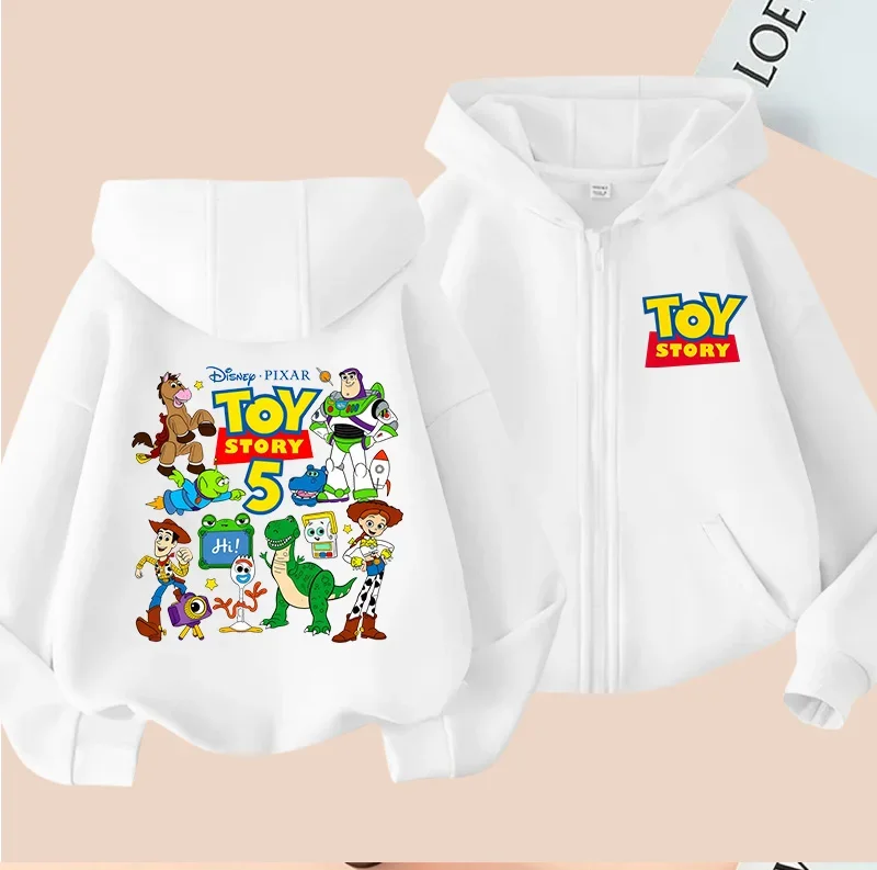 Autumn Multi Color Toy Story 5 Print Kids Zip Up Hoodie, Front Back Cartoon Graphic Boys Girls Zipper Jacket Children Outerwear