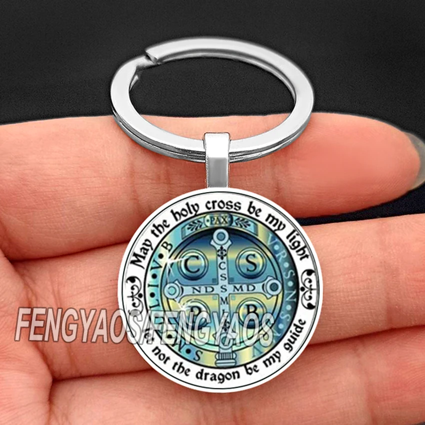 Cross Saint Benedict Keychain for Catholic Glass Cabochon Christian Key Chain Metal Catholicism Keyring Gift