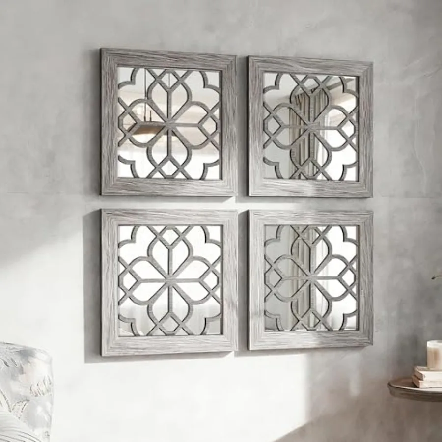 Set of 4 Boho Wall Mirrors with Carved Floral Design, 12x12 Inch Rustic Farmhouse Accent Mirrors, Vintage Style Shatterproof Sq