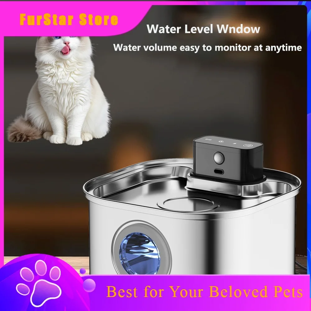 FurStar3.2L Stainless Steel Automatic Wireless Pet Water Fountain 4000mAH With Motion Sensor Silent Filtered Water Dispenser