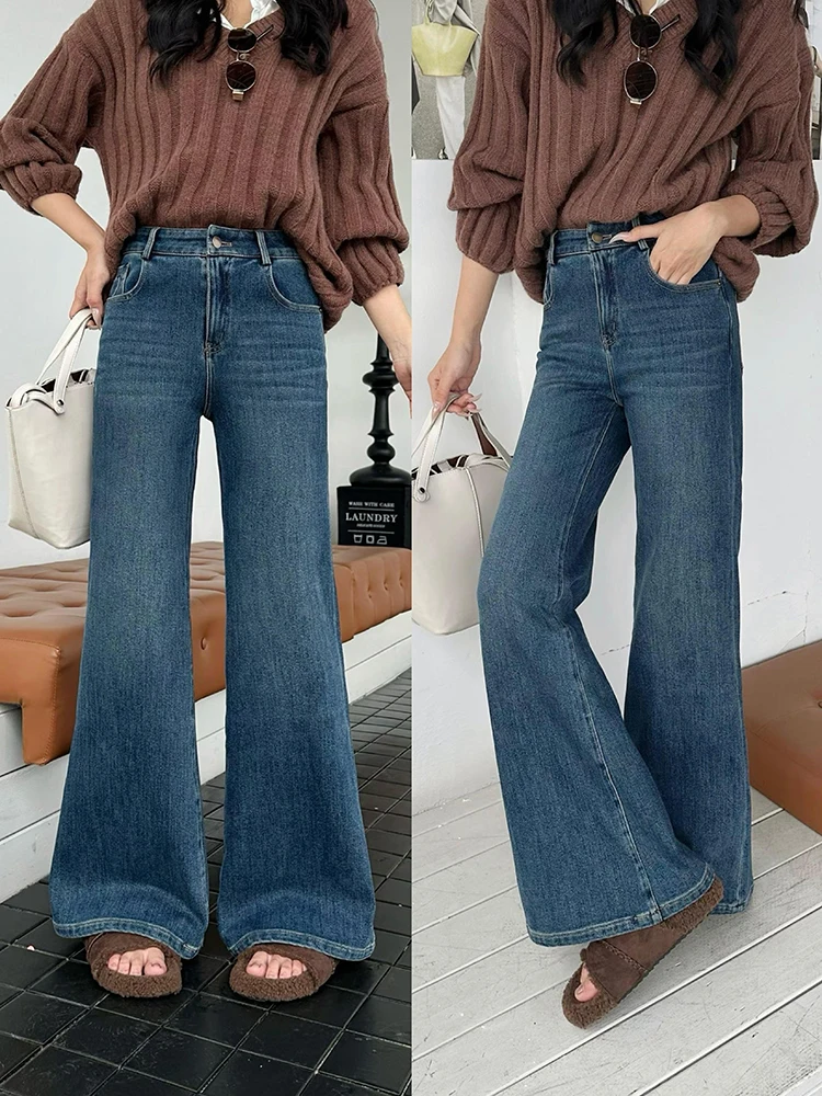 

Модные женские джинсы-клеш с высокой талией, утепленные флисом, для похудения, с широкими штанинами, осенне-зимние, теплые, модные леггинсы