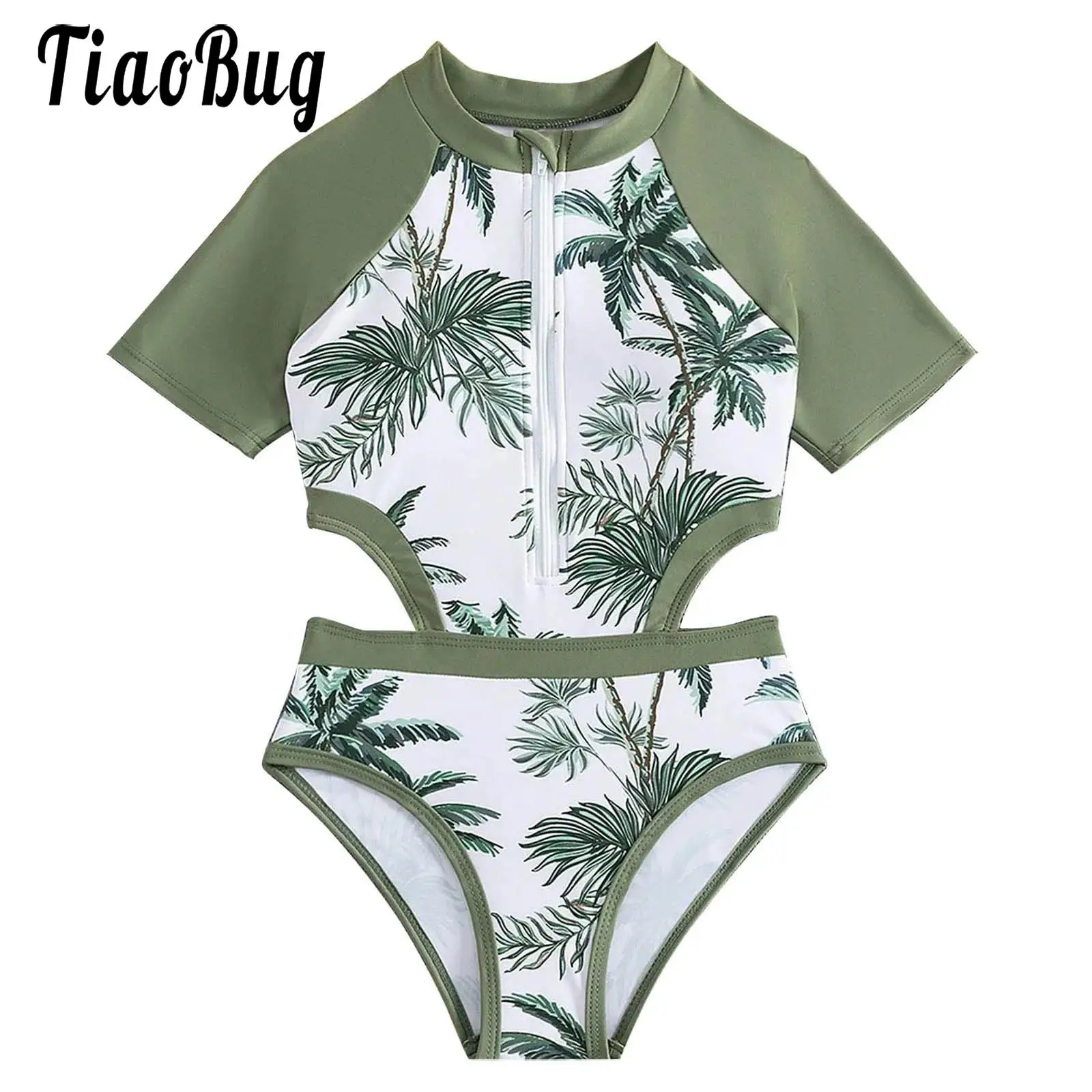 

Girls One Piece Swimsuit Swimwear Short Sleeves Cut Out Zip Front Print Leotards Beachwear Summer Beach Bathing Suit for 7Y-11Y