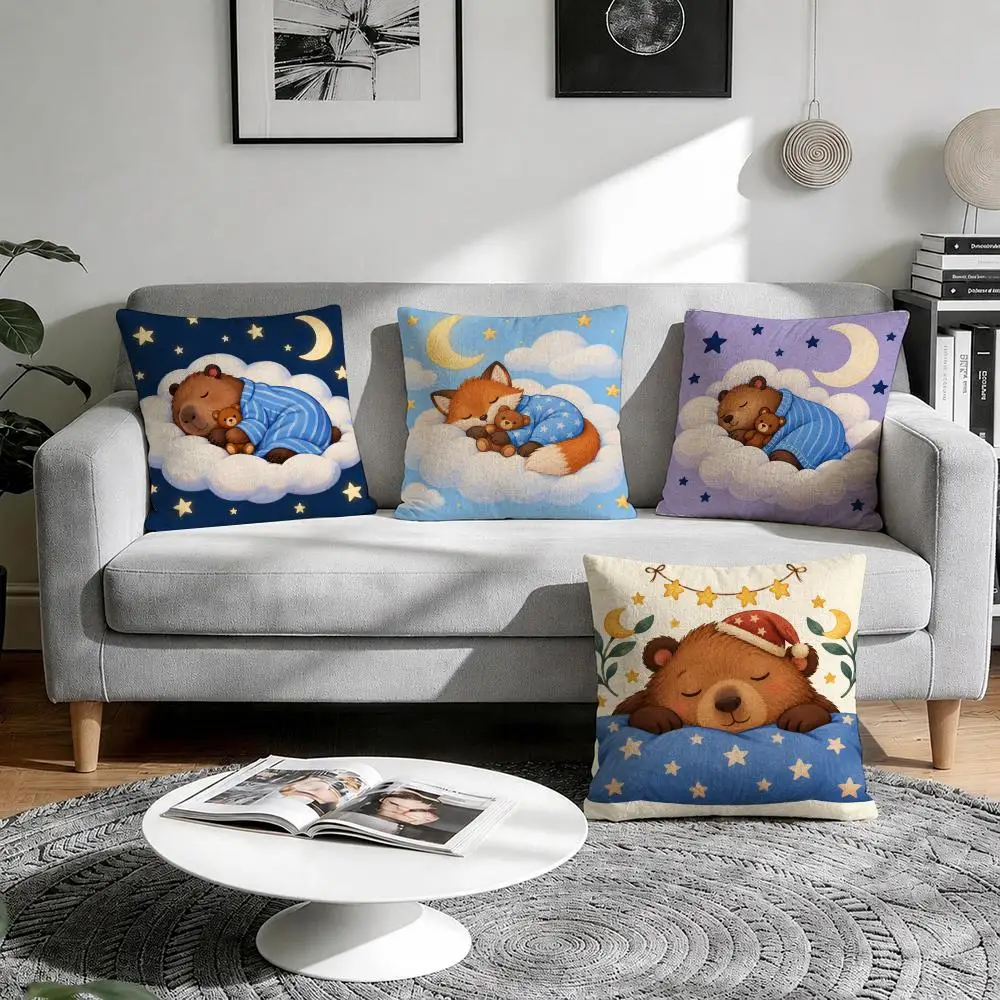 Sleepy Bears Cushion Cover 1/4Pcs Linen Throw Pillow Covers Double-Side Print Sofa Couch Living Room Decor