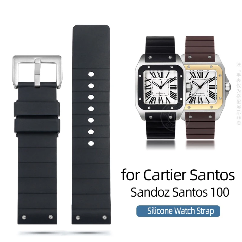 

High Quality Silicone 23mm Watch Strap for Cartier Santos Sandoz Santos 100 Watch Band Rubber Men and Women Black