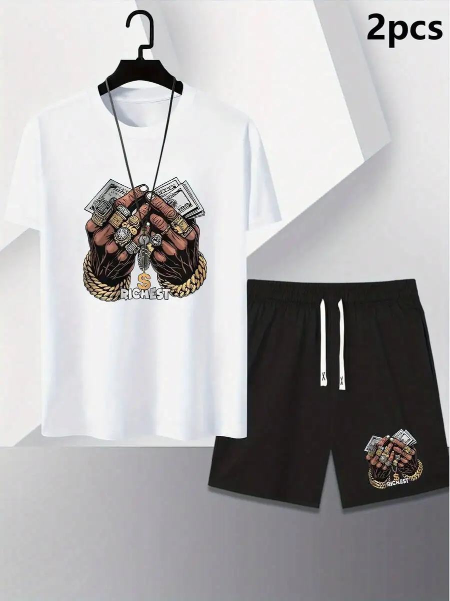 

Mens Cotton Summer Casual T-Shirt And Shorts Set With Wealth Print